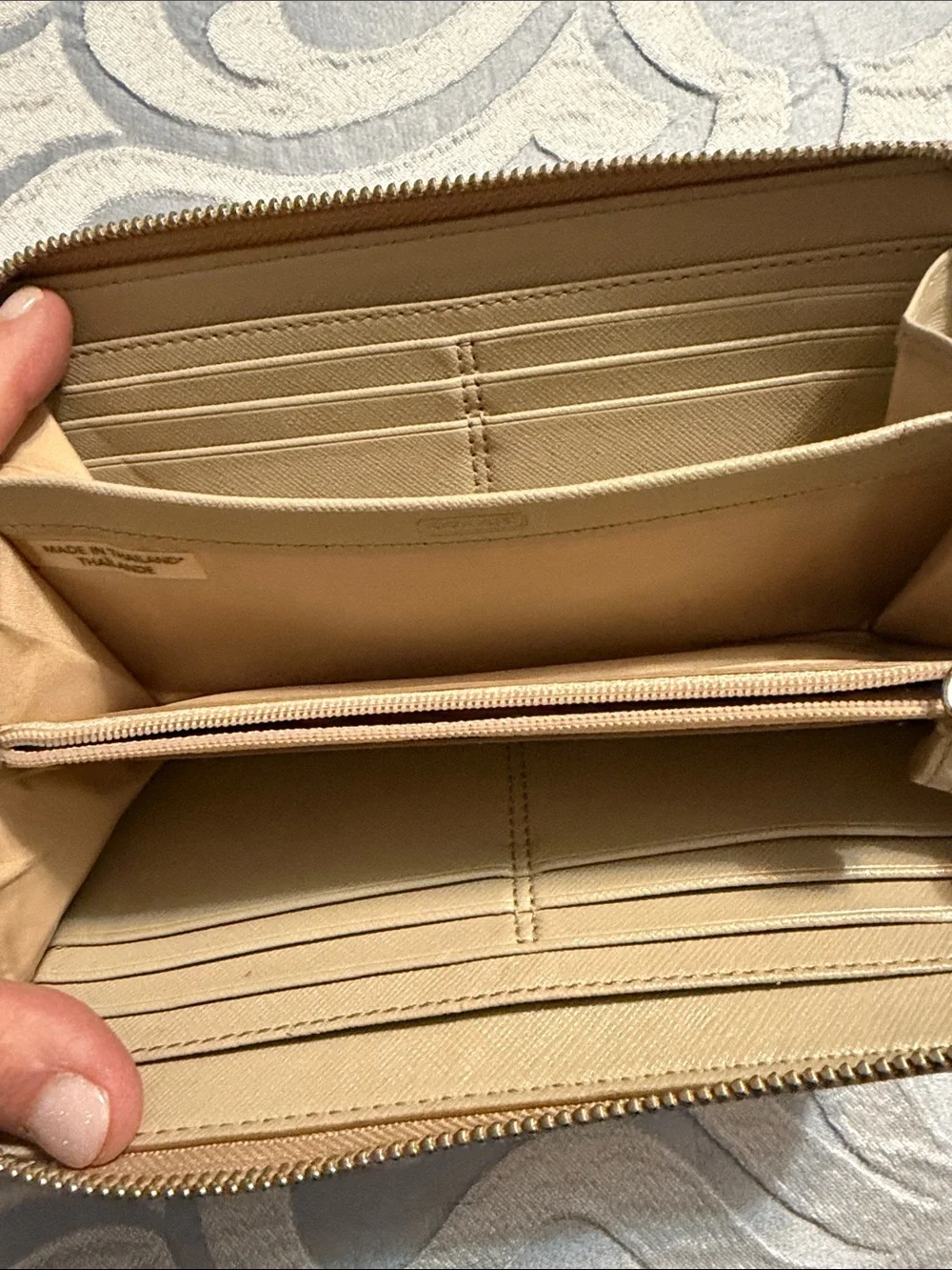 Coach Beige Taupe Leather Wallet with Bow Accent full zip